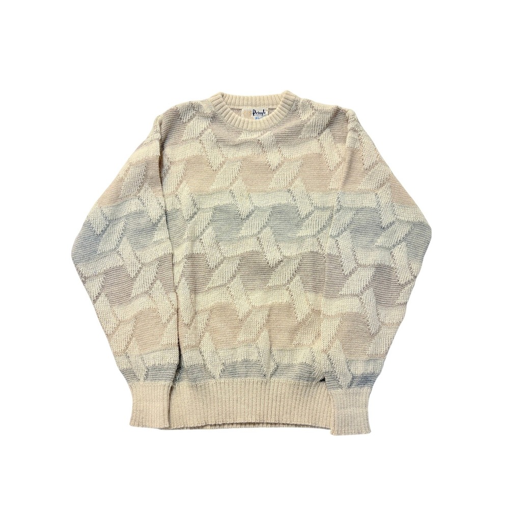 Pringle of Scotland Alpaca Wool Sweater Vintage Geometric Knit Beige Mens Medium